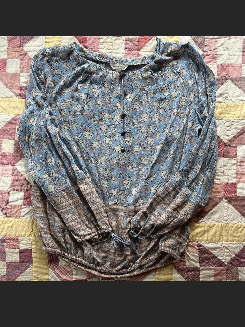 Lucky Light Blue Floral Peasant Blouse - Boho Long Sleeve Top L